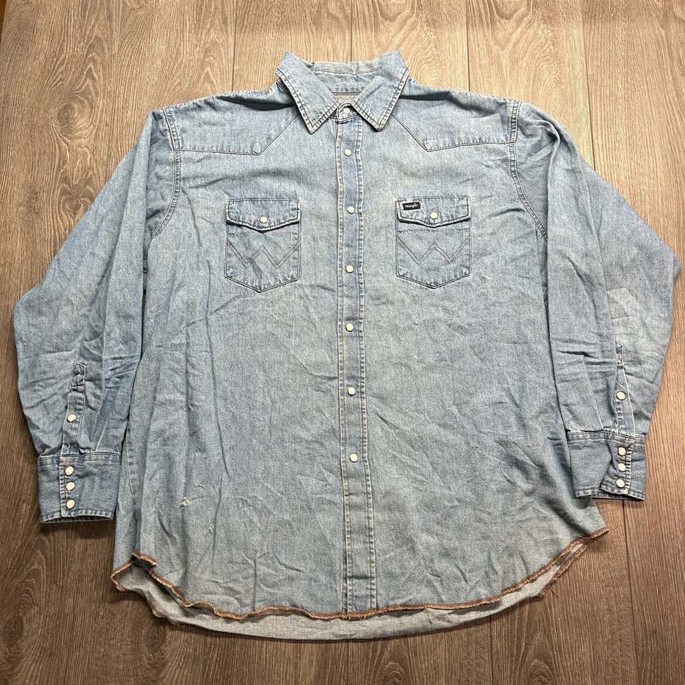 Vintage Wrangler Mens XXL Light Wash Denim Western Snap Down Shirt 70127SW
